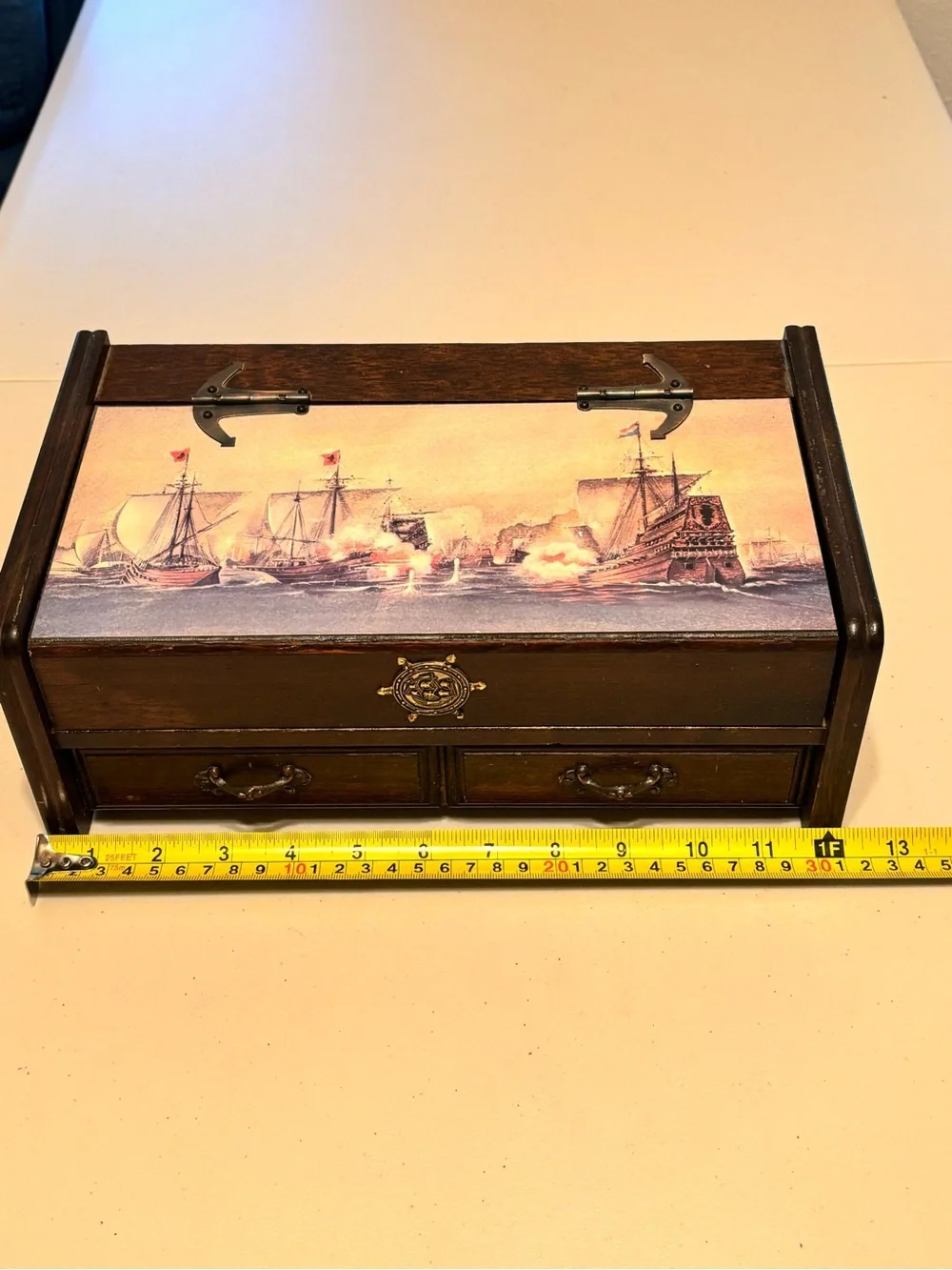 Vintage Wooden Jewelry Box with Nautical Sailing Ship Battle Scene Print on lid